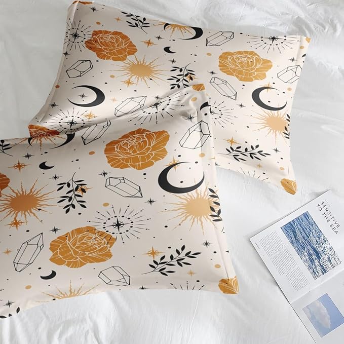 Comforter Set King Size, Plants Boho Astrology 7 Pcs Bedding for Kids and Adults, Vintage Space Leaf Bed Sheet Sets with Fitted Sheet 2 Pillowcases & 2 Shams for Bedroom Bed Decor