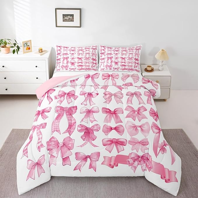 Castle Fairy Pink Bow Comforter Set King Size,Pink Grid Bedding Set 3Pcs for Kids Teens Adults Room Decor,Cute Bow Down Comforter Fashion Preppy Bedding Comforters,2 Pillowcases