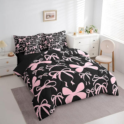 Feelyou Bow Bedding Set for All Season Boys Girls Twin Size Black Pink Girls Bow 7 Pieces Comforter Sets Women Men Cute Bowknot Bed in a Bag with Comforter, Sheets, Pillowcases & Cushion Cover