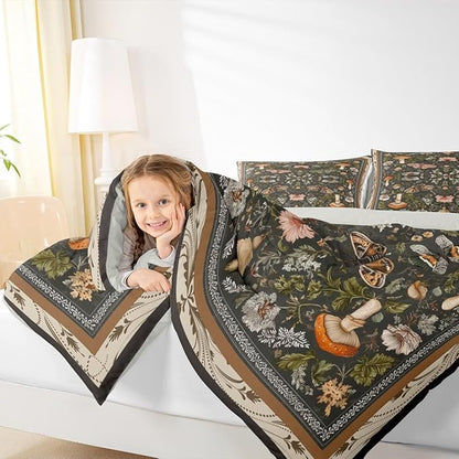 Erosebridal Boys Gothic Moth Black Comforter Set King, Boho Mushroom Bedding Set Butterfly Vintage Floral Comforter, Retro Leaf Wild Mushroom Quilt with 2 Pillowcases for Kids Teens Women Men
