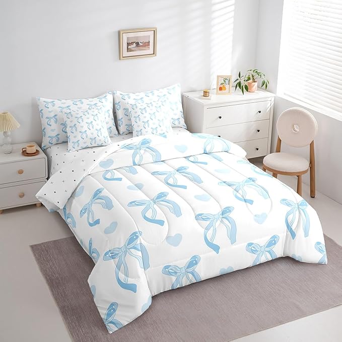 jejeloiu Cute Blue Bow 7 Piece Bedding Set Full Size Ribbon Bow Comforter Set with Sheets for Kids Women Cartoon Love Heart Bed in a Bag Blue White Bed Set