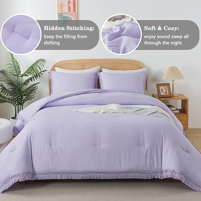 Andency Comforter King Size Bed Set Lavender, Purple 3 Pieces Boho Lightweight Winter Bedding Comforters & Sets, All Season Soft Tassel Bed Set (104x90In Comforter & 2 Pillowcases)