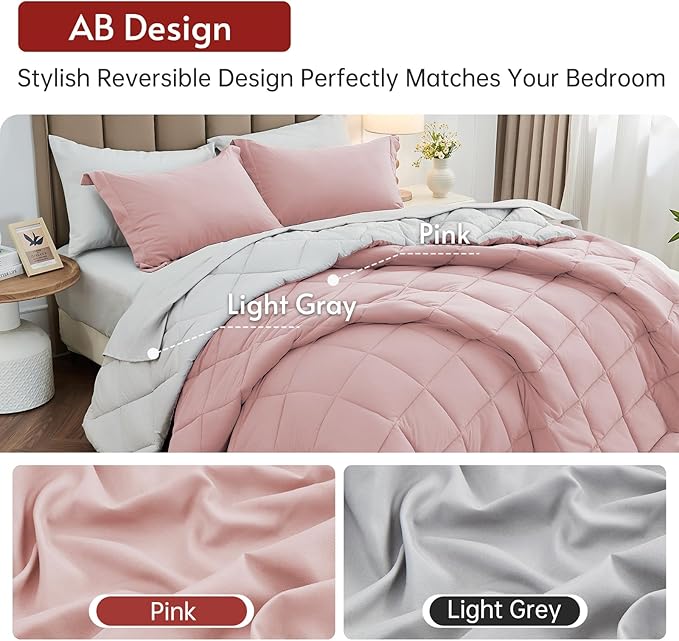 MUXHOMO 7 Pieces Oversized Queen Comforter Set, Reversible Bed in a Bag Oversized Queen Size, All Season Bedding Set with Comforter, Flat Sheet, Fitted Sheet, Pillowcases & Shams, Pink & Light Grey