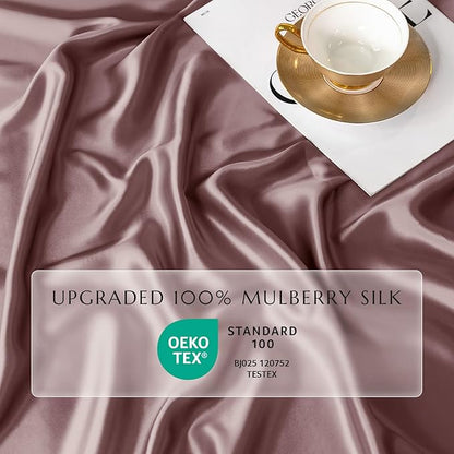 THXSILK 100% Mulberry Silk Fitted Sheet Set, 7A+ Silk 3 Pieces Bed Sheets, Breathable, Smooth, 16 Inch Deep Pocket Fitted Sheet, 2 Pillowcases - Purple, Twin