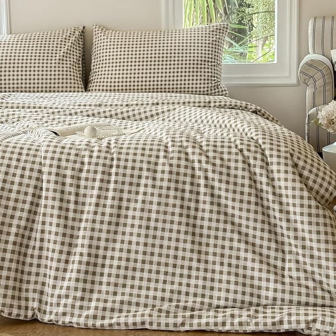 NSNLGSGC Tan Gingham Cotton Comforter Set Queen, 100% Washed Cotton Taupe Plaid Checked Comforter Bedding, 3 Pieces Vintage Farmhouse Grid Bedding Set(Tan Gingham, Queen)