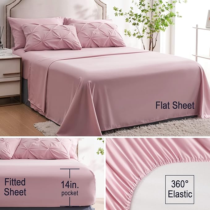 Ubauba 7pc Full Size Comforter Set with Sheets, Pinched Pleat 7 Piece Bed in a Bag Blush Bed Set with Comforter, Pintuck All Season Bedding Sets (Pink,Full)