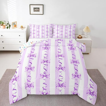 Erosebridal Purple Watercolor Bow Bedding Set King Dreamy Princess Style Comforter Set Cute Kawaii Bowknot Bedding Comforter Sets for Kids Girls Teen Women,Romantic Coquette Bow Tie Quilt