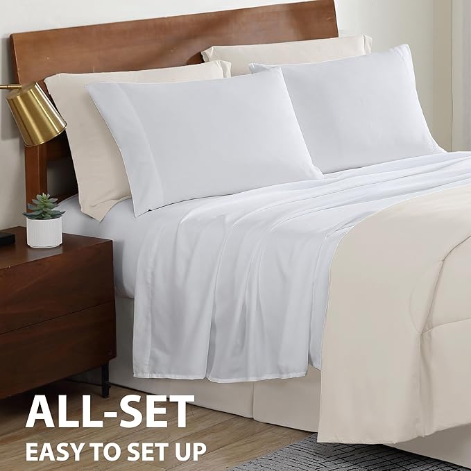 Cathay Home Basic Bedding Home Essential Ultra Soft Lightweight 8PC Wrinkle Resistant Microfiber Bed in a Bag Set (Includes Complete Sheet Set, Comforter Set & Bedskirt) - Queen, Coconut Milk