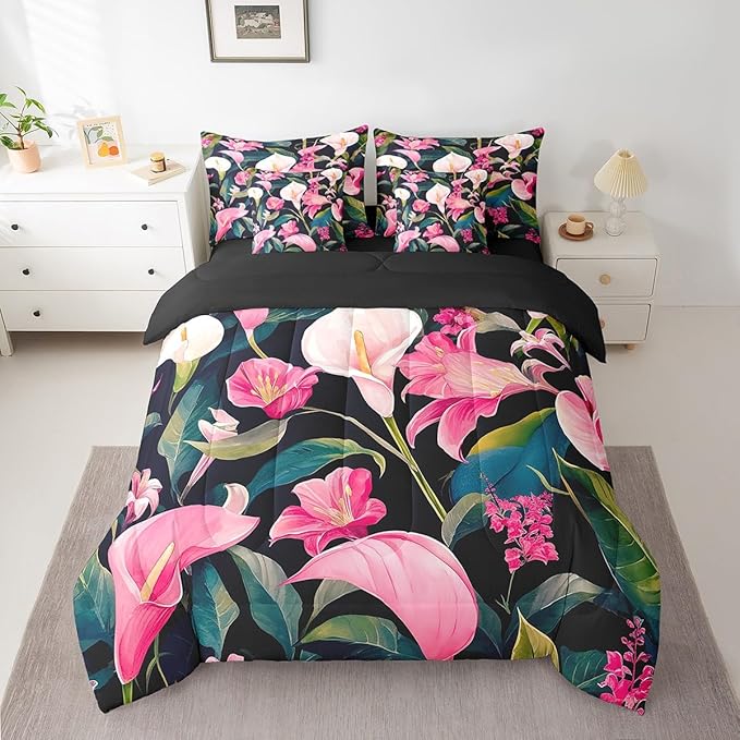 Feelyou Flower Comforter Set Queen Size 7 Pieces Palm Leaf Bedding Set for All Season Floral Blossom Tropical Botanical Nature Theme Bed in a Bag with Comforter, Sheets, Pillowcases & Cushion Cover