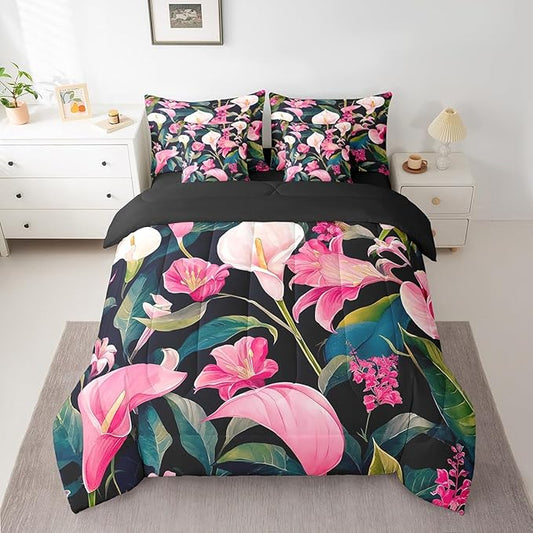 Feelyou Flower Comforter Set Full Size 7 Pieces Palm Leaf Bedding Set for All Season Floral Blossom Tropical Botanical Nature Theme Bed in a Bag with Comforter, Sheets, Pillowcases & Cushion Cover