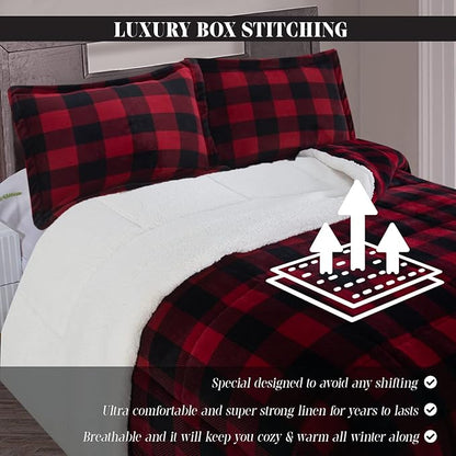 Elegant Comfort 3-Piece Buffalo Lodge-Plaid Comforter Set, Luxurious, Heavyweight, All Season, Down Alternative-Micromink Sherpa-Backing Reversible Micro-Suede, Soft and Plush, Queen, Burgundy/Black