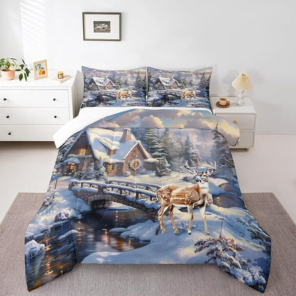 Winter Deer Comforter Set Queen Size,Wood Cabin House Bedding Set,Snowflake and Pine Tree Mountain Lake Quilt Set for Kids Girls Boys Adult Room Decor,Christmas Animals Duvet Insert 3Pcs