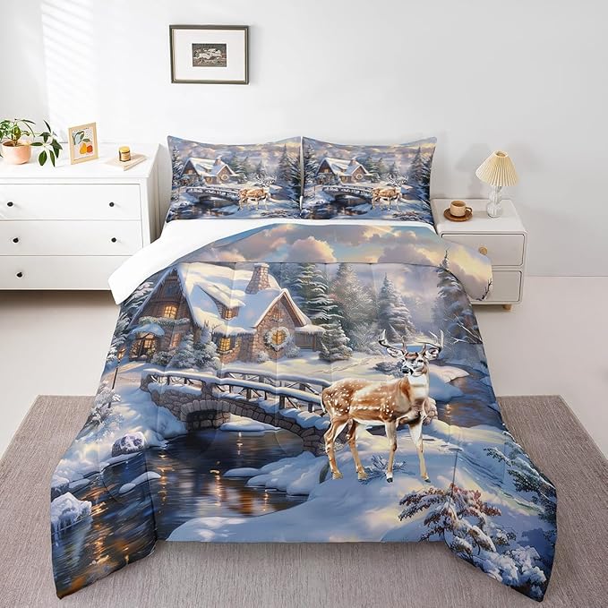 Winter Deer Bedding Set Full Size,Wood Cabin House Comforter Set,Snowflake and Pine Tree Mountain Lake Quilt Set for Kids Girls Boys Adult Room Decor,Christmas Animals Duvet Insert 3Pcs