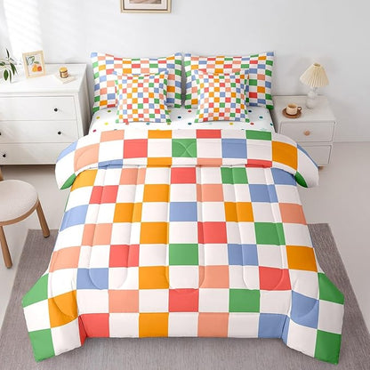 Feelyou Checkered Retro 7 Piece Bedding Set Teen Women Men Rainbow Colorful Plaid Comforter Set with Sheets Full Size Kids Boys Geometric Vintage Bed in a Bag Modern Groovy Aesthetic Room Decor