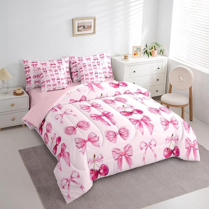 Feelyou Pink Cute Cherry Bow Comforter Set Queen Size 7 Pieces Pink Bow Bedding Set for Kids Boys Girls Princess Decor Bed in a Bag with Comforter, Sheets, Pillowcases, Cushion Covers