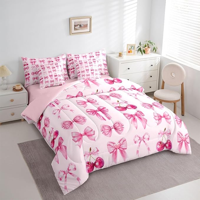 Feelyou Pink Cute Cherry Bow Comforter Set Full Size 7 Pieces Pink Bow Bedding Set for Kids Boys Girls Princess Decor Bed in a Bag with Comforter, Sheets, Pillowcases, Cushion Covers