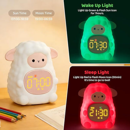 Sheep Alarm Clock with Night Light for Kids with Sleep Training and Sound Machine, Rechargeable Silicone Lamp OK to Wake Clock，Cute Animal Tabletop Lamp, Perfect Sleep Companion for Boys Girls, Pink