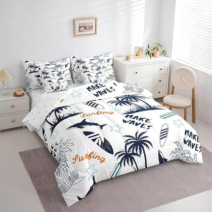 Feelyou Ocean Beach Comforter Set Twin Size 7 Pcs Kids Summer Tropical Comforter Bed in a Bag Shark Palm Tree Bedding Set for Boys Girls Teens Surfing Bed Set with Sheets, Pillowcases, Pillow Covers