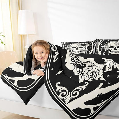 Erosebridal Halloween Skeleton Full Bedding Set, Gothic Skull Comforter Set, Skull Floral Comforter for Kids Boys Girls Teens Women Men Vintage Halloween Decor, Sun and Moon Black Goth Quilt
