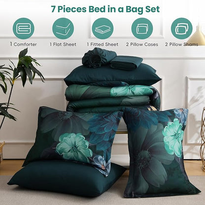 WONGS BEDDING Floral Comforter Set King Size, 7 Pieces Teal Bed in a Bag Comforter Bedding Set, Soft Microfiber for All Season with Pillowcases & Shams,Sheets(90"×104")