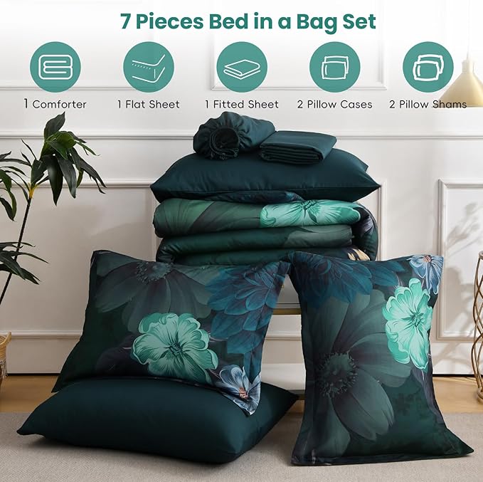 WONGS BEDDING Floral Comforter Set Queen Size, 7 Pieces Teal Bed in a Bag Comforter Bedding Set, Soft Microfiber for All Season with Pillowcases & Shams,Sheets(90"×90")