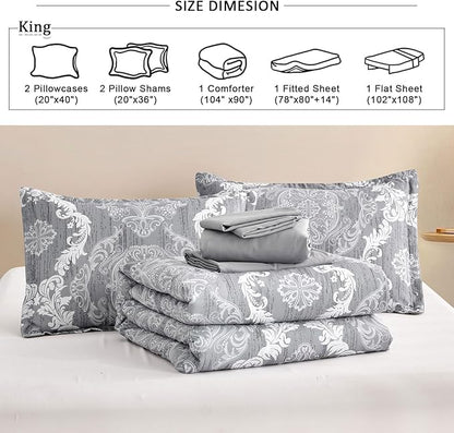 WONGS BEDDING Grey Comforter Set King Size, Damask Texture 7 Pieces Gray Bed in a Bag Microfiber Boho Comforter Bedding Sheet Set with Comforter, Flat Sheet, Fitted Sheet,Pillow Shams,Pillowcases