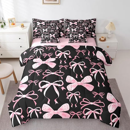 Feelyou Black Pink Bow Queen Comforter Set with Sheets for Kids Boys Girls Cute Bowknot 7 Pieces Bedding Set Kawaii Bed in a Bag Pricess Style Room Decor Soft Lightweight Microfiber