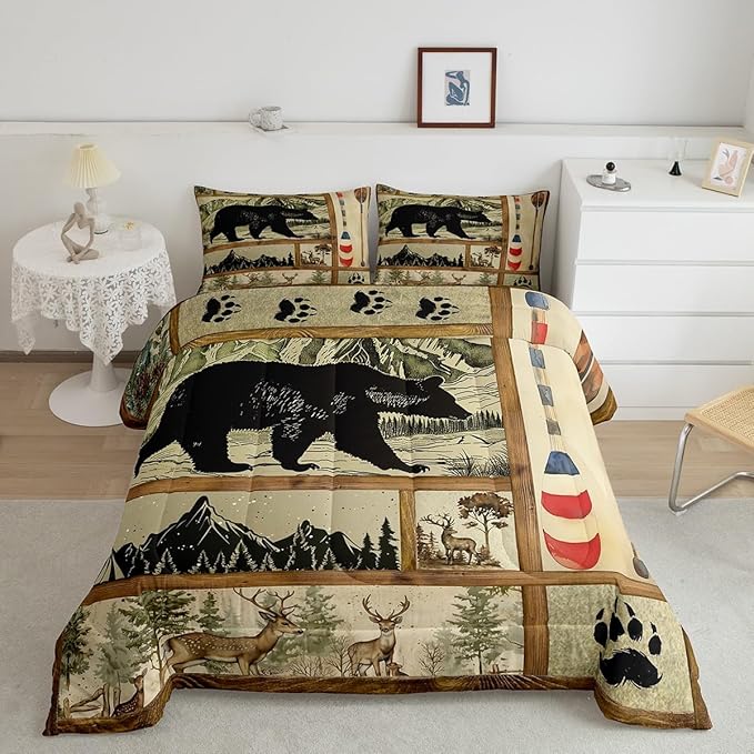Farmhouse Hunting Bear Comforter Set Full Size, Lake House Decor Bedding, Retro Woodland Lake Paddle Down Comforter, Deer Moose Wildlife Duvet Insert, Rustic Buffalo Grid Quilt Cabin Lodge Decor