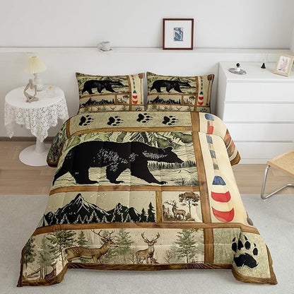 Farmhouse Hunting Bear Comforter Set King Size, Lake House Decor Bedding, Retro Woodland Lake Paddle Down Comforter, Deer Moose Wildlife Duvet Insert, Rustic Buffalo Grid Quilt Cabin Lodge Decor