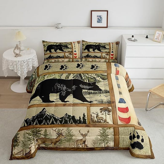 Farmhouse Hunting Bear Comforter Set King Size, Lake House Decor Bedding, Retro Woodland Lake Paddle Down Comforter, Deer Moose Wildlife Duvet Insert, Rustic Buffalo Grid Quilt Cabin Lodge Decor