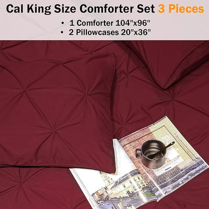Andency California King Comforter Set Burgundy (104x96Inch), Pinch Pleat Cal King Comforter Set 3 Pieces, Oversized King Pintuck Bed Comforter, Microfiber Down Alternative Comforter Bedding Set