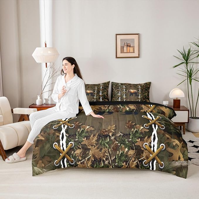 Cabin 7 Piece Comforter Set Full Bed in a Bag | Botanical Leaves Bear Bedding Sets Mens Camouflage Comforter and Sheet Set, Woodland Animals Country Bed Sets,Hunting Rustic Farmhouse Decor