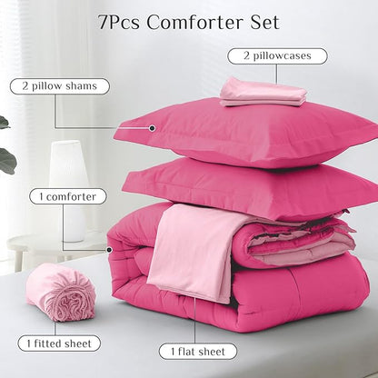 JOLLYVOGUE Full Comforter Set, Ultra-Soft Bed in a Bag Full Size 7 Pieces, Oeko-TEX Certified Bedding Set with Down Alternative Comforter, Sheets, Pillowcases & Shams, Hot Pink & Baby Pink