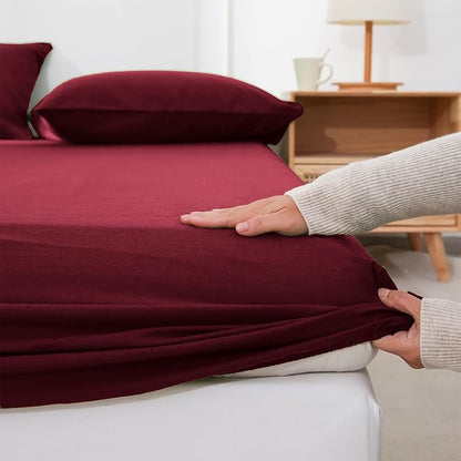 Simple&Opulence Belgian Linen Sheet Set Solid Color - 4 Pieces (1 Flat Sheet, 1 Fitted Sheet & 2 Pillowcases) Natural Flax Cotton Blend Soft Breathable Farmhouse Bedding - King Size, Burgundy Red