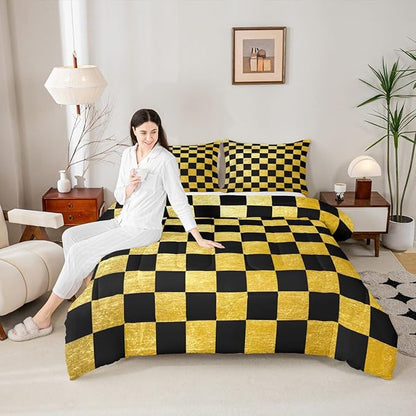 Feelyou Checkered Retro Kids Comforter Set King Size Golden Black Plaid Bedding Set Geometric Vintage Duvet Quilt for Kids Boys Girls Bedroom Modern Simple Groovy Aesthetic Decor