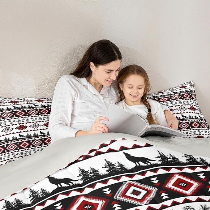 Aztec GeometricComforter Set King Size,Rustic Farmhouse Wolf Kids Bedding Set,Pine Tree Country Quilt Comforter,Red Black Duvet Insert,2 Pillowcases