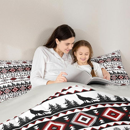 Manfei Aztec Geometric Kids Comforter Set Full Size,Rustic Farmhouse Wolf Bedding Set,Girls Boys Room Decor,Pine Tree Country Quilt Comforter,Red Black Duvet Set Bedroom Quilt Set,2 Pillowcases