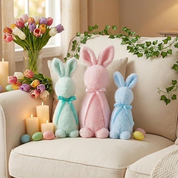 Breling 3 Pcs Easter Decoration Bunny Throw Pillow Flocked Bunny Figurine with Bow Tie 16" 13" 10" Pastel Rabbit Sitting Pillow Cute Spring Plush Decor for Sofa Couch Living Bedroom Home Office Decor