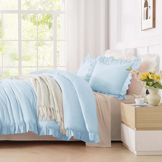 Andency Light Blue King Size Comforter Set, 3 Pieces Solid Farmhouse Shabby Chic Bedding Comforters & Sets, All Season Western Rustic Soft Down Alternative Bed Set for Adult Men Women
