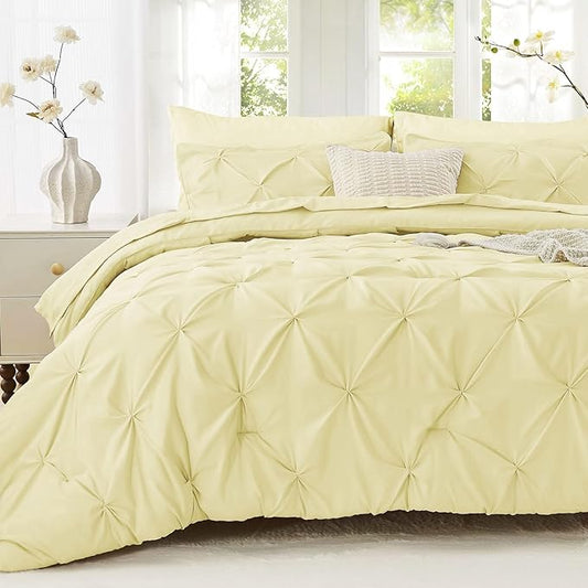 Sasttie King Size Comforter Set, 7-Piece Bed in a Bag, Pintuck Bedding Set for All Season, Includes Comforter, Flat Sheet, Fitted Sheet, Pillowcases and Pillowshams, Cream Yellow