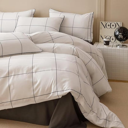 Cottonight White Black Grid Comforter Set Queen Plaid Bedding Comforter Set Women Men Queen Size Geometric Blanket Quilts 3 Piece Soft Modern Breathable Bedding Set