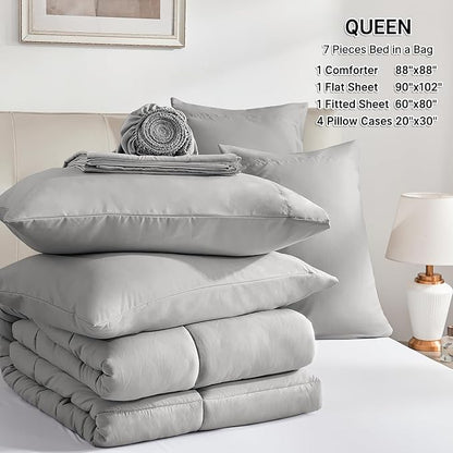 SunStyle Home Light Grey Full/Queen Comforter Set - 7 Pieces Bed in a Bag, Lightweight Goose Down Alternative Bedding Sets with All Season Comforter, 1 Flat Sheet, 1 Fitted Sheet, 4 Pillowcases