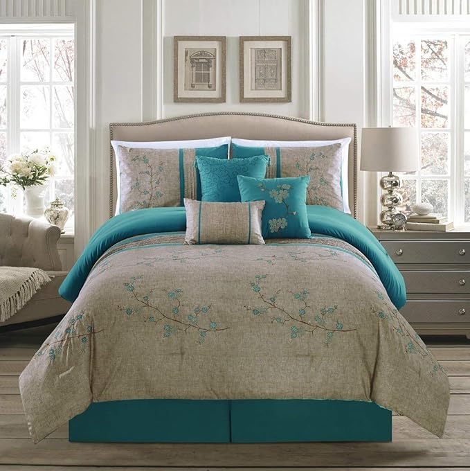 Chezmoi Collection Noriko Luxury 7-Piece Teal Cherry Blossoms Floral Embroidery Bedding Comforter Set, Full