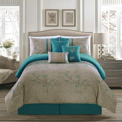 Chezmoi Collection Noriko Luxury 7-Piece Teal Cherry Blossoms Floral Embroidery Bedding Comforter Set, Full
