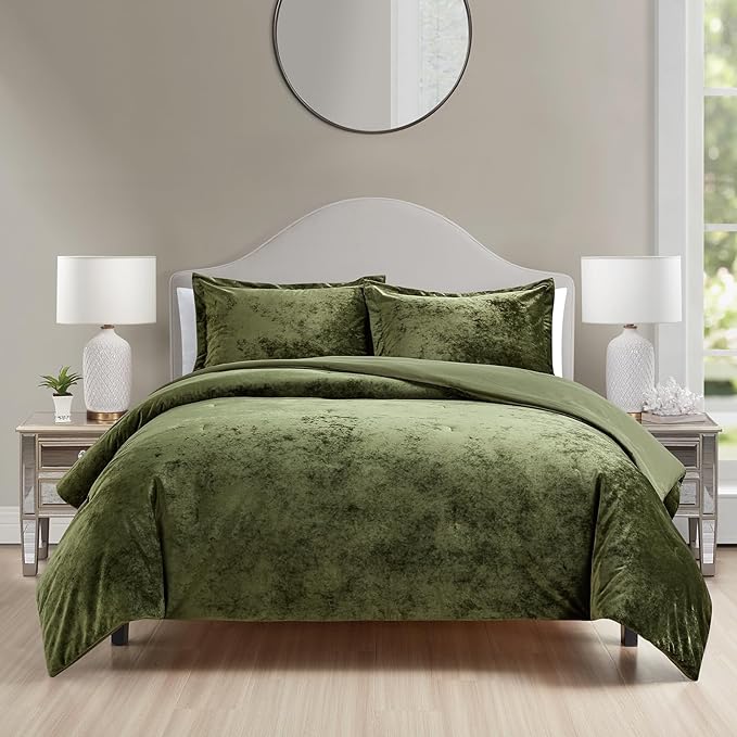 Luxury Velvet King Comforter Set, 3 Pieces Reversible Comforters King Size with 2 Pillow Shams, Brushed Solid Microfiber Back, All Season Cozy, Soft, Warm, Lightweight (Olive Green, 104x90 Inch)