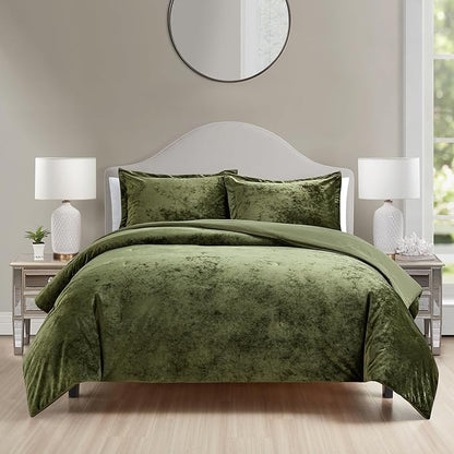 Luxury Velvet King Comforter Set, 3 Pieces Reversible Comforters King Size with 2 Pillow Shams, Brushed Solid Microfiber Back, All Season Cozy, Soft, Warm, Lightweight (Olive Green, 104x90 Inch)
