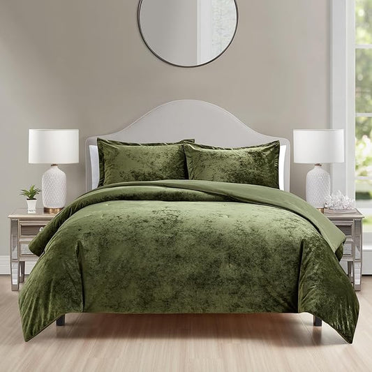 Luxury Velvet King Comforter Set, 3 Pieces Reversible Comforters King Size with 2 Pillow Shams, Brushed Solid Microfiber Back, All Season Cozy, Soft, Warm, Lightweight (Olive Green, 104x90 Inch)