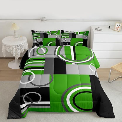 Green Black Grey Bedding Sets King Swirls Plaid Comforter Bedroom Decor Geometric Circle Striped Duvet Insert Modern Creative Quilt Abstract Fashion Color Bedding Comforter Sets All Season