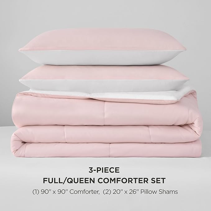 Juicy Couture Reversible Box Stitch Comforter Set, 3-Piece Full/Queen – Pink Marshmallow/White– Glam Bedding Set