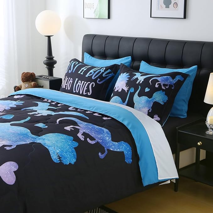7 Piece Boys Dinosaur Comforter Set Queen Size Blue Dinonsaur Soft Microfiber Bed in A Bag with Comforter,Sheet Set,Pillowcase and Sham for Child Teens All Season